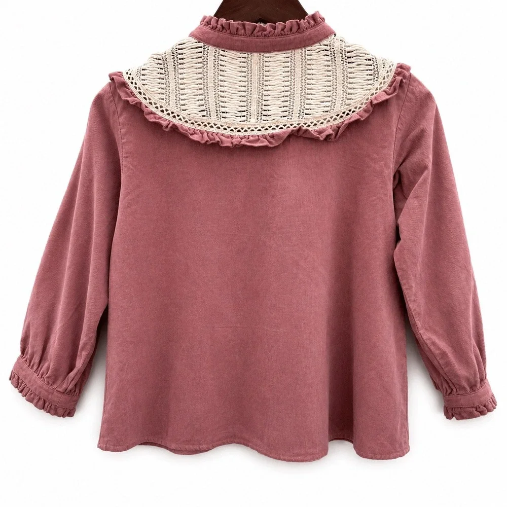 Zara Boho Dusty Pink 3/4 sleeve Corduroy‎ crochet  Ruffles Cotton Top X Small - Picture 3 of 8